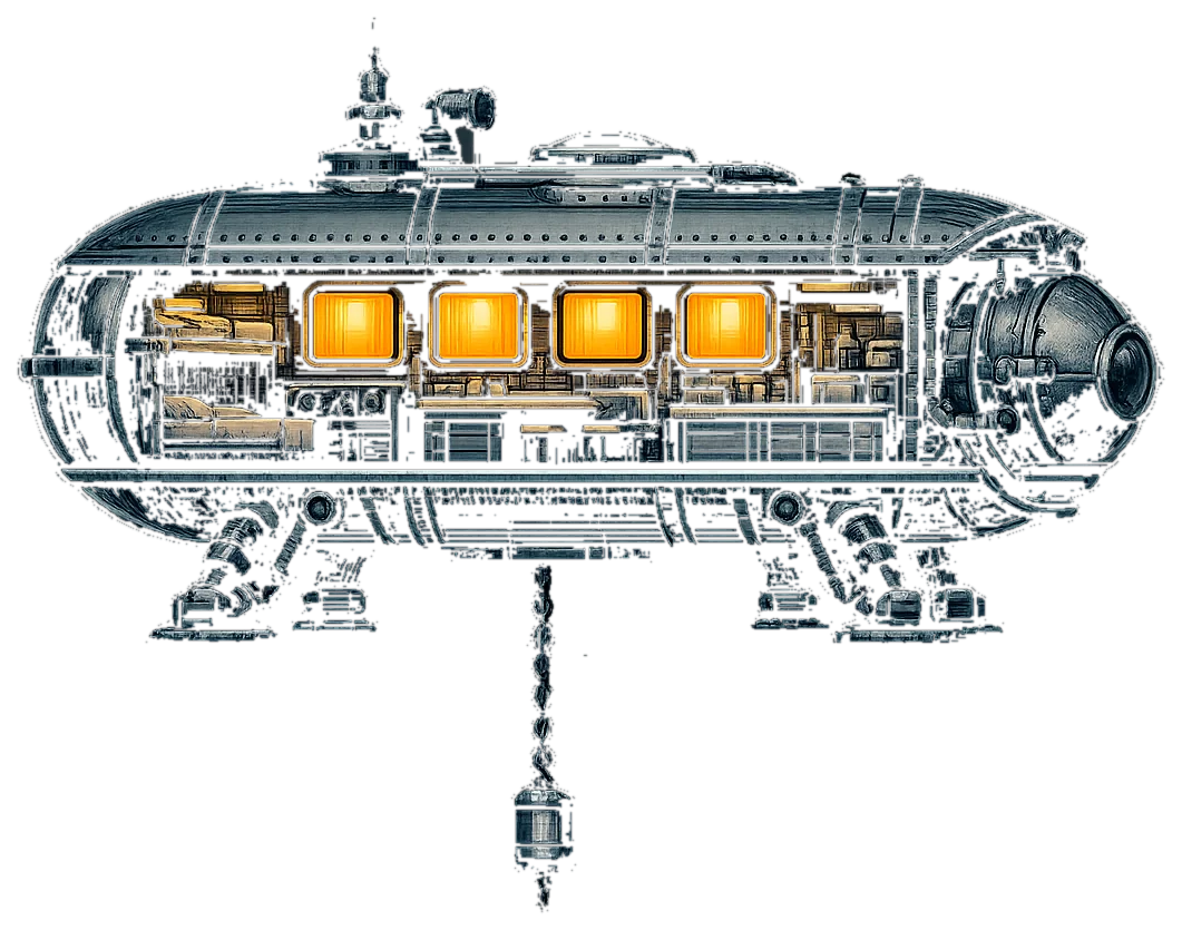 Cutaway of the BandUp study habitat, windows lit, moored to the seabed