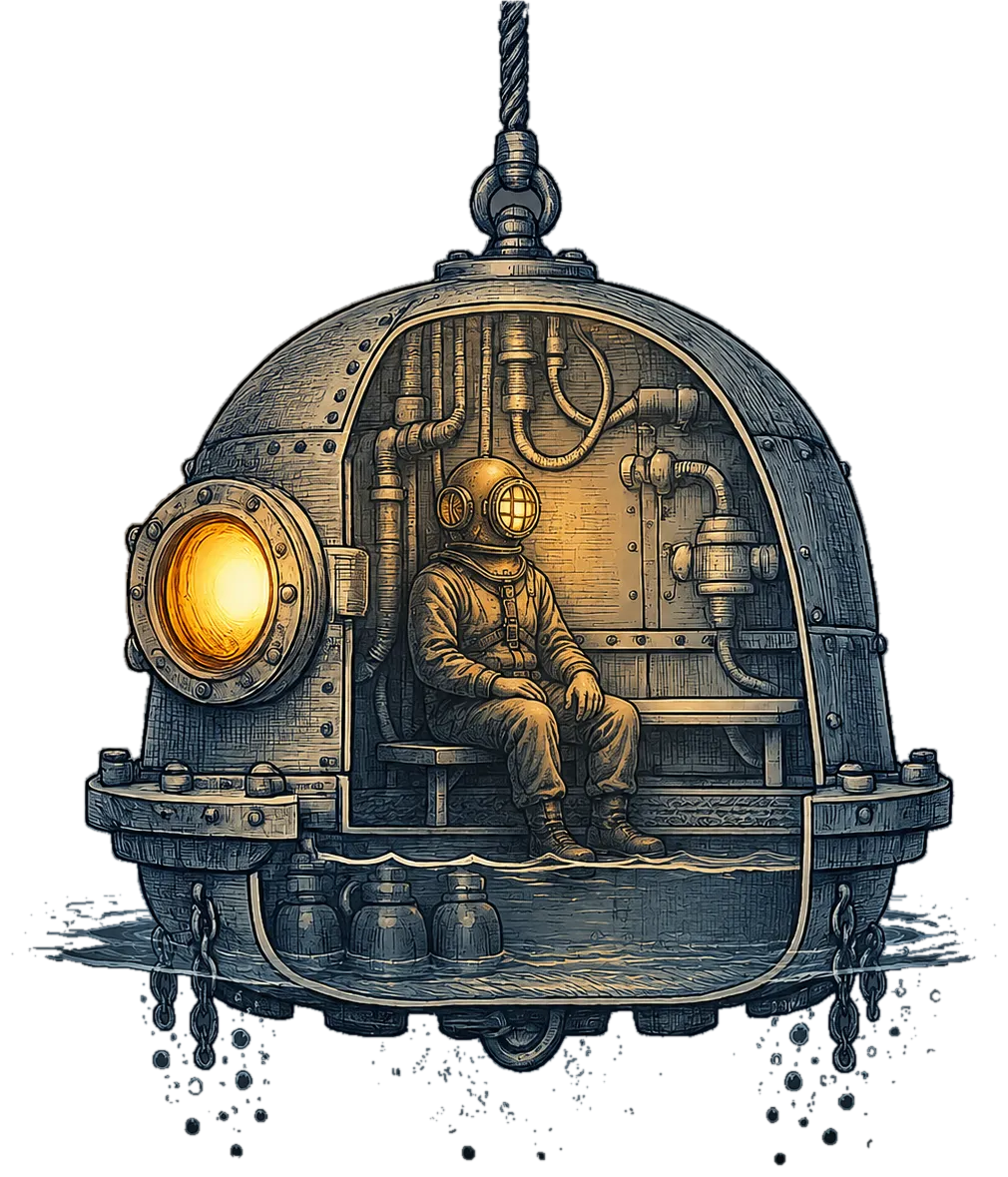 A diving bell lit from within: one diver already seated on the bench, the second seat empty, air barrels and rising bubbles below